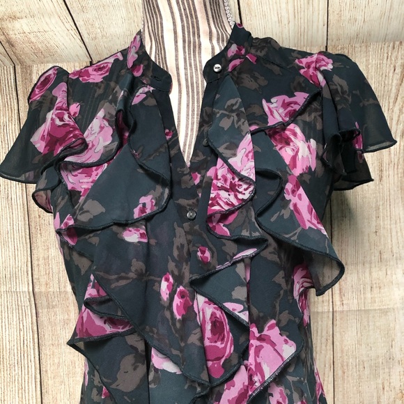 Casual Comfy Purple Floral Sheer Ruffle XS Blouse - Picture 4 of 7